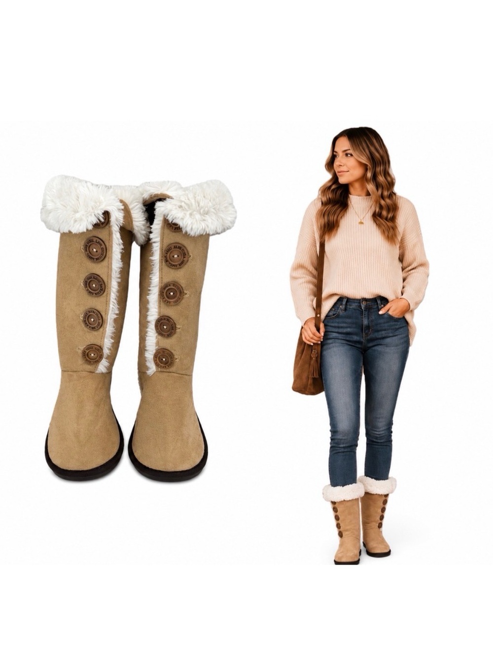 Muk Luks, Tan Button-Up Fur-Lined non structured Boots, Size 9 EUC